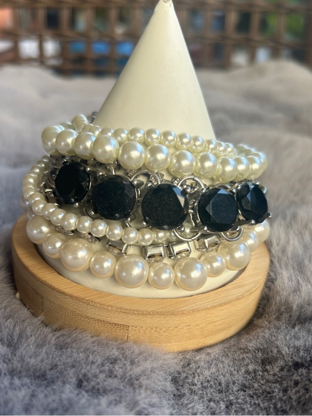 & Other Stories Pearl and Black Crystal Stack Bracelet Set